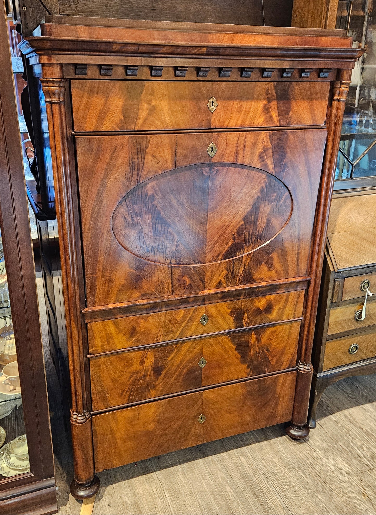 Antique French Empire secretaire, flame mahogany, hidden compartments