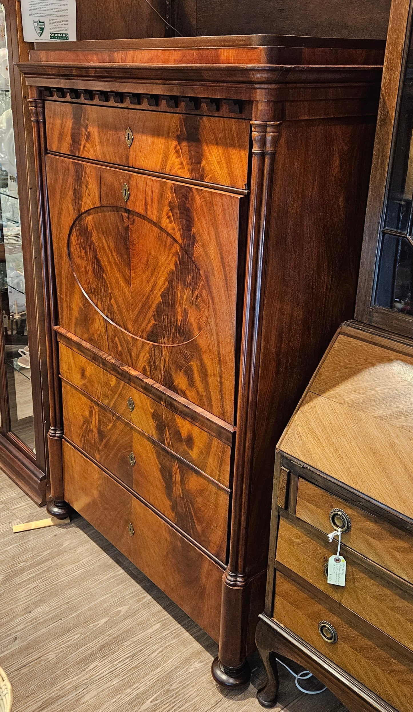 Antique French Empire secretaire, flame mahogany, hidden compartments