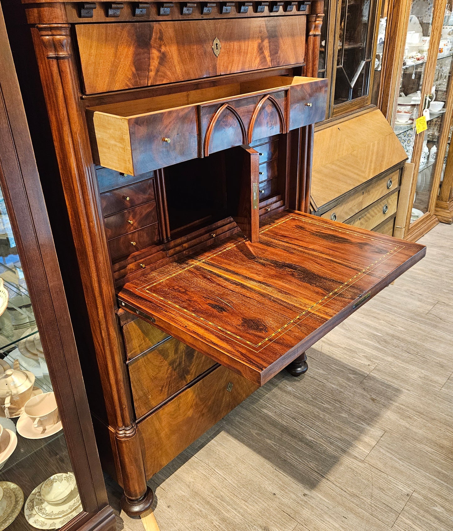 Antique French Empire secretaire, flame mahogany, hidden compartments