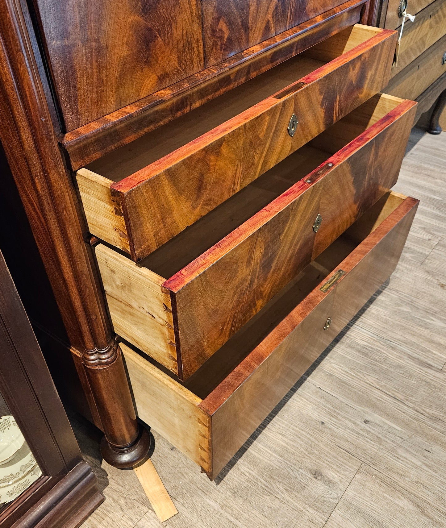 Antique French Empire secretaire, flame mahogany, hidden compartments