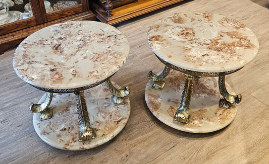 Pair of round cultured marble & brass side tables