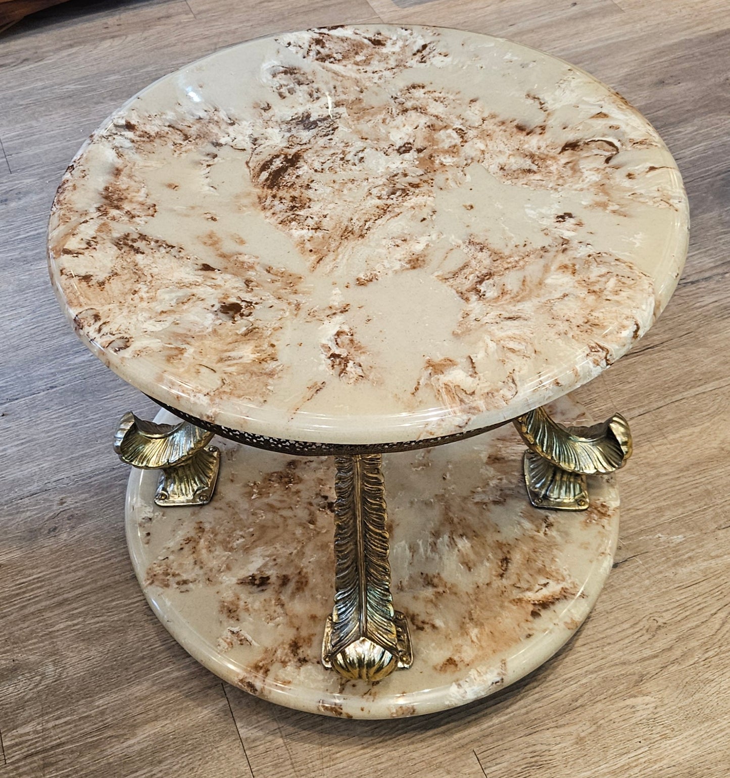 Pair of round cultured marble & brass side tables