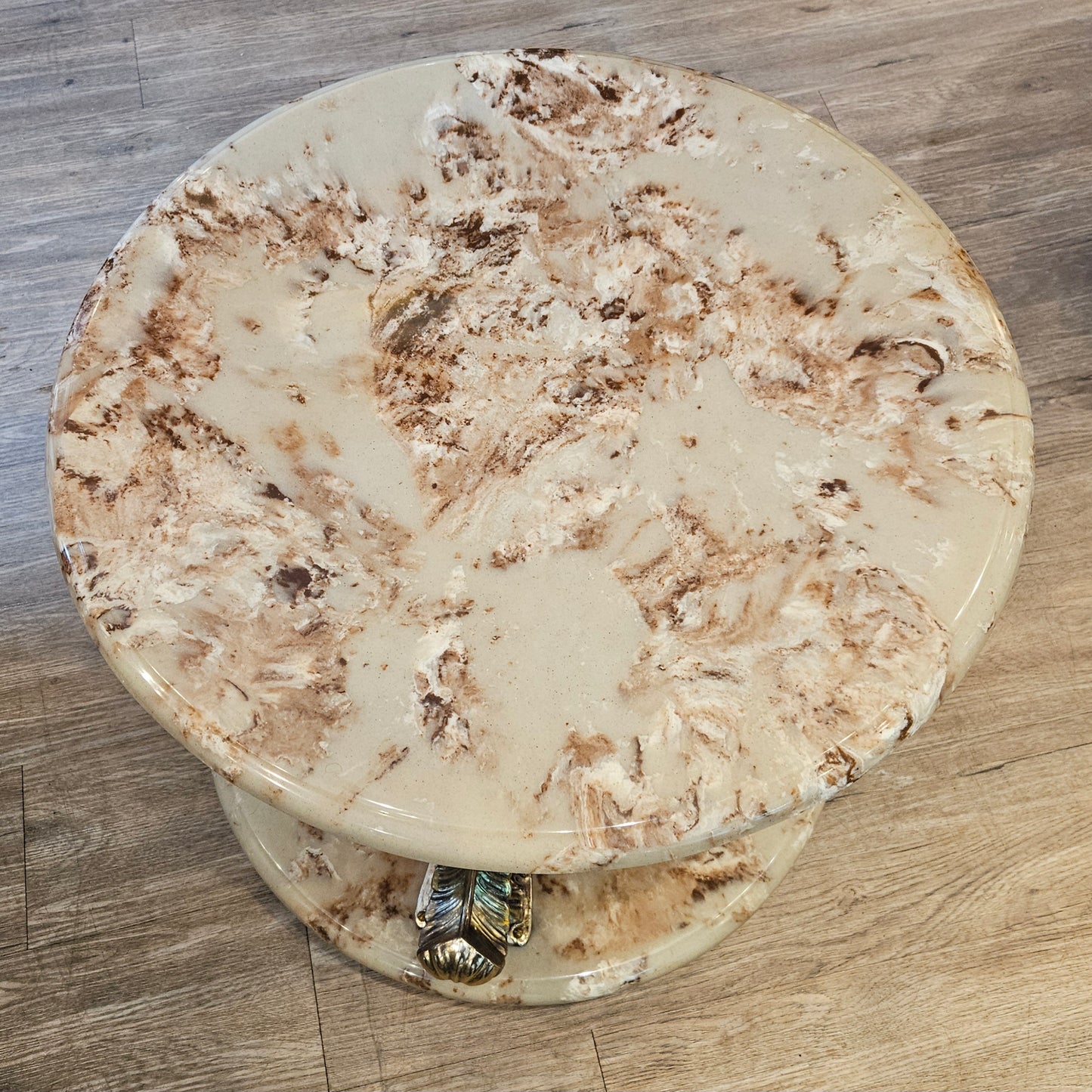 Pair of round cultured marble & brass side tables
