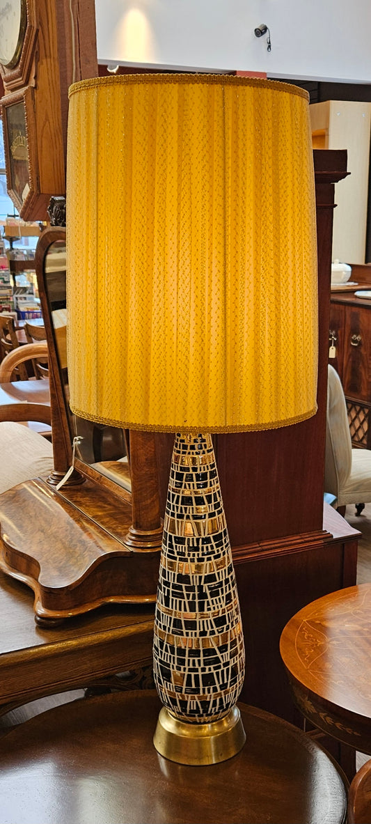 Tall table lamp, ceramic & brass, yellow fabric shade