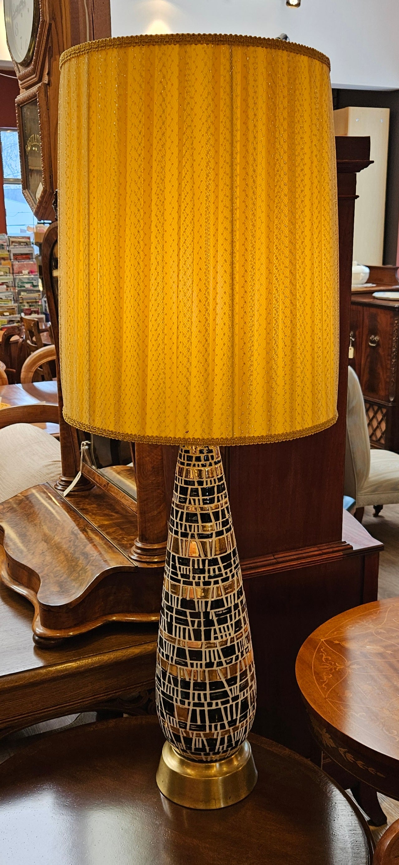 Tall table lamp, ceramic & brass, yellow fabric shade