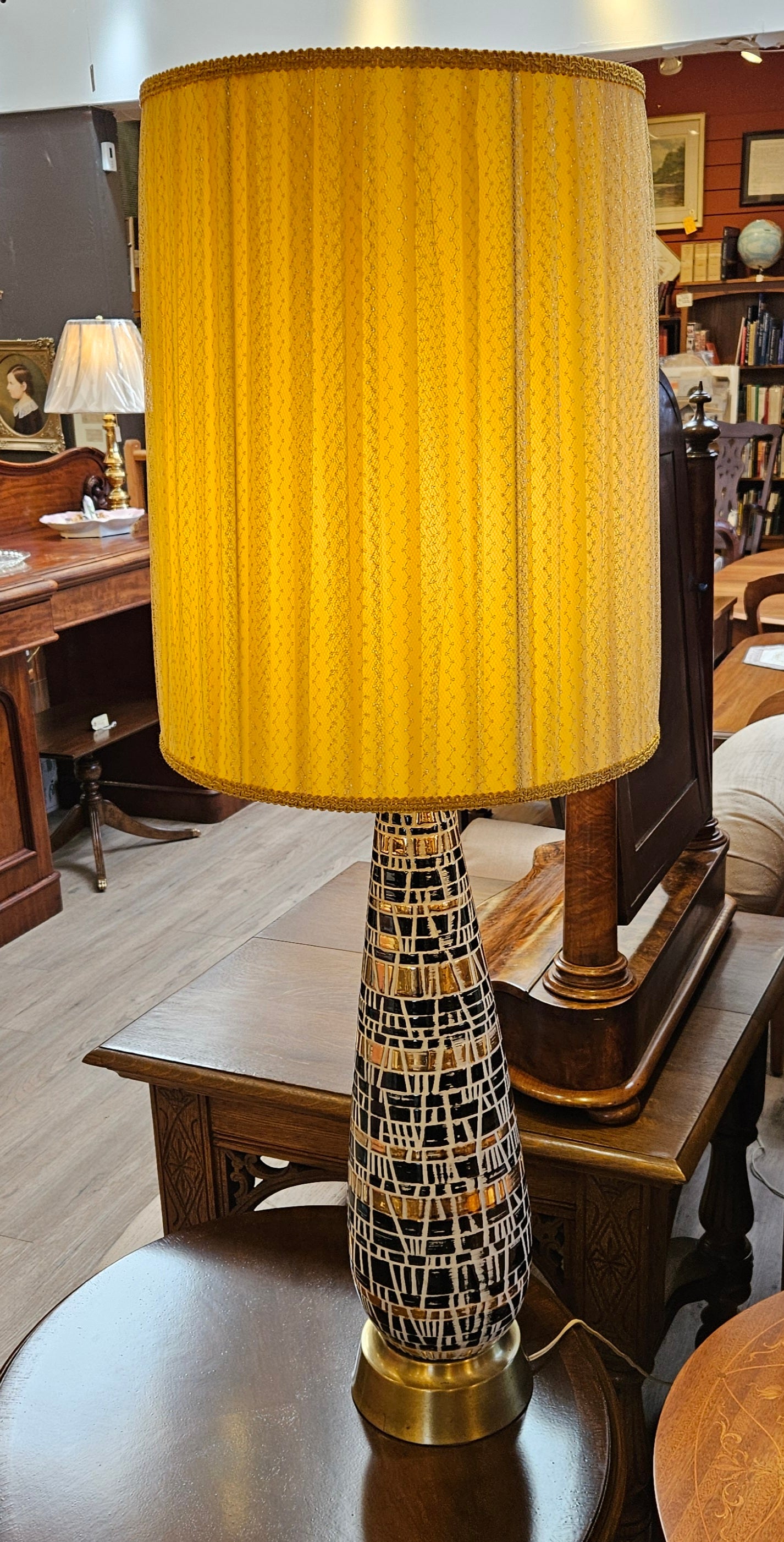 Tall table lamp, ceramic & brass, yellow fabric shade