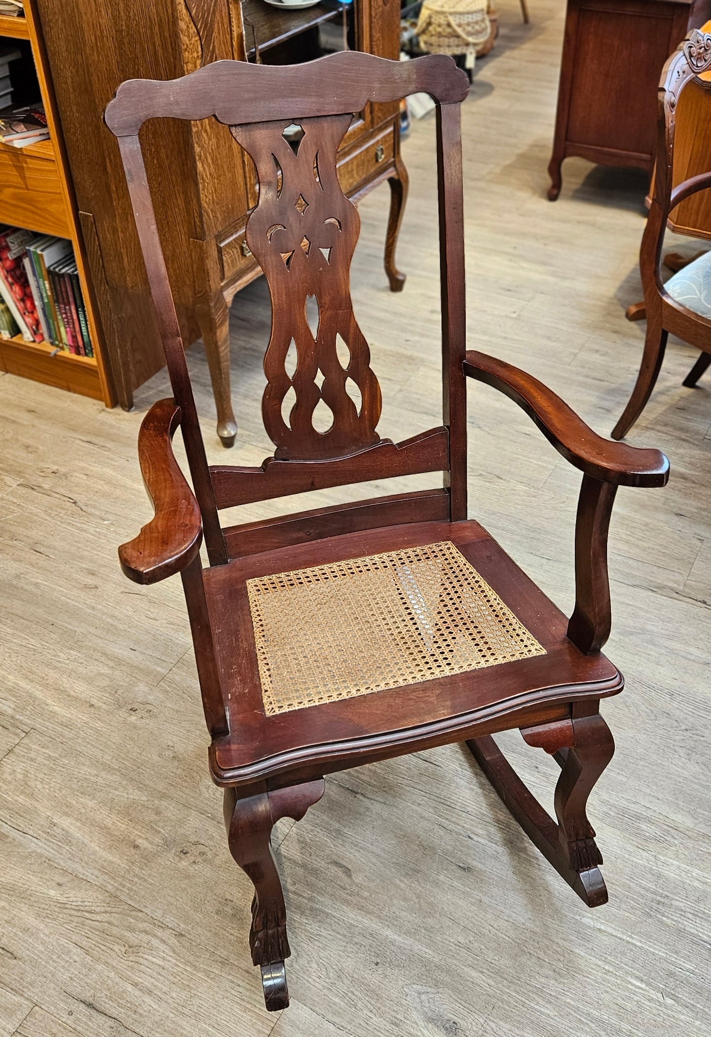 Rocking chair, caned seat, spindle back
