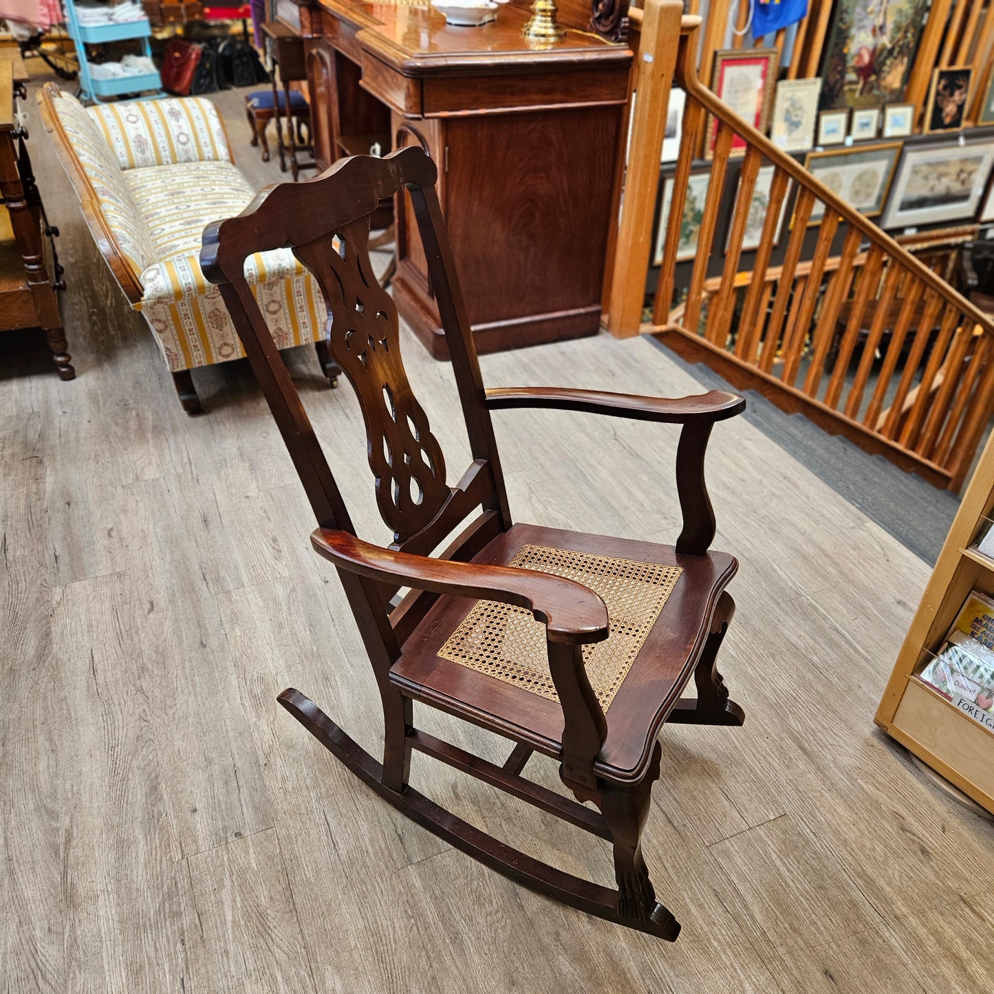 Rocking chair, caned seat, spindle back