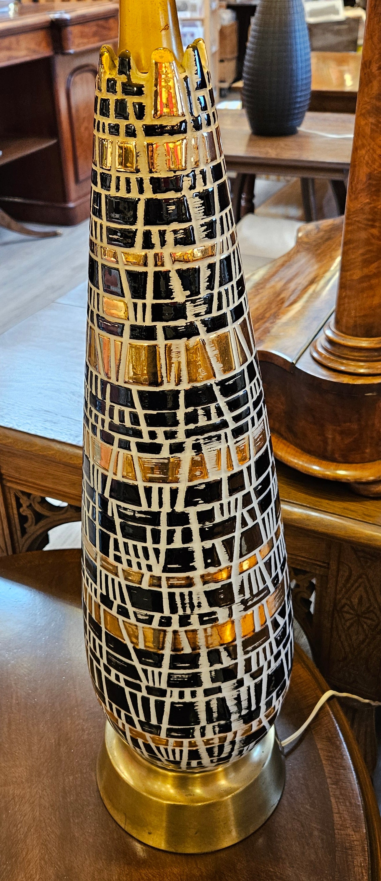 Tall table lamp, ceramic & brass, yellow fabric shade
