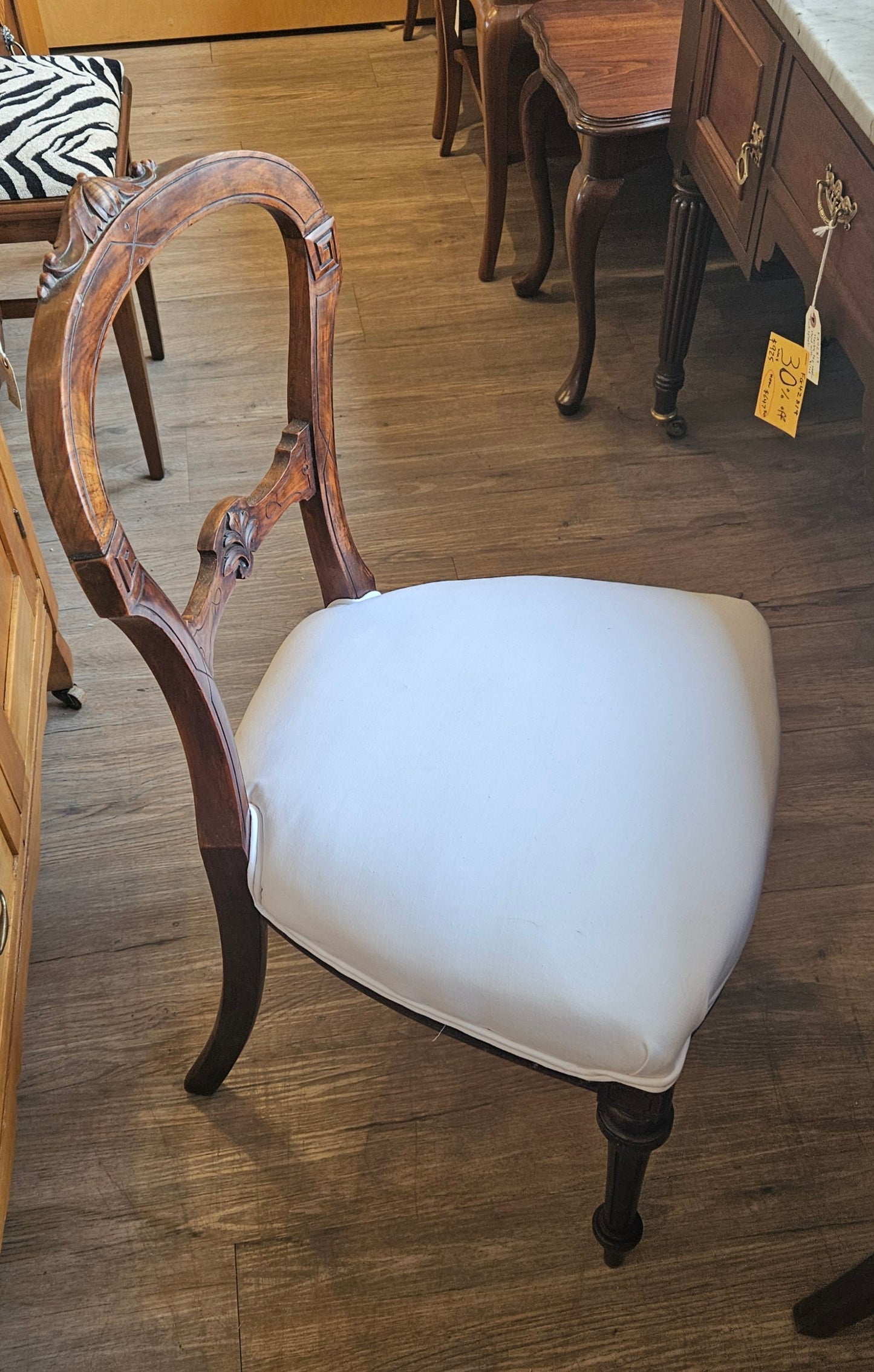 Victorian round backed chair, white upholstery