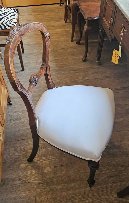 Victorian round backed chair, white upholstery