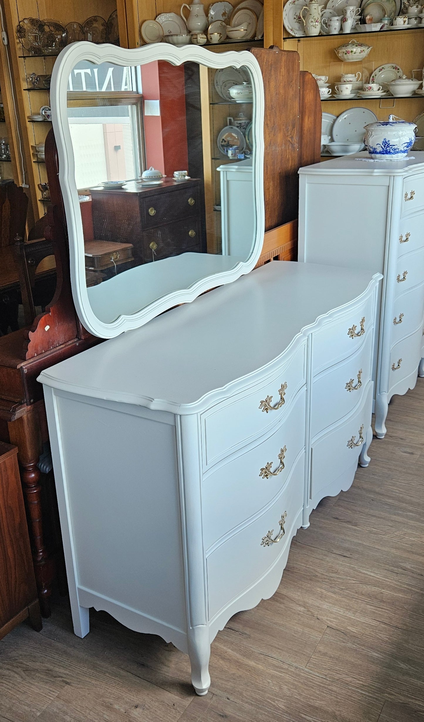 Long dresser with mirror, painted white