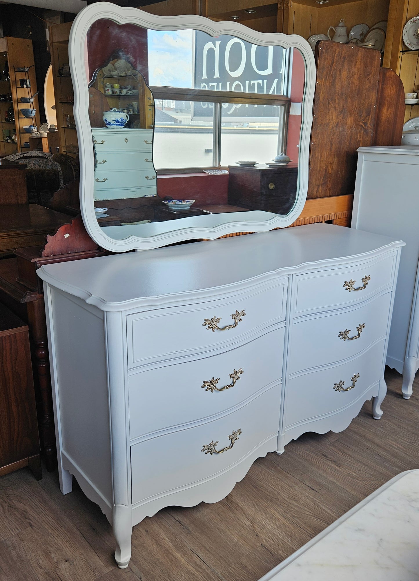 Long dresser with mirror, painted white