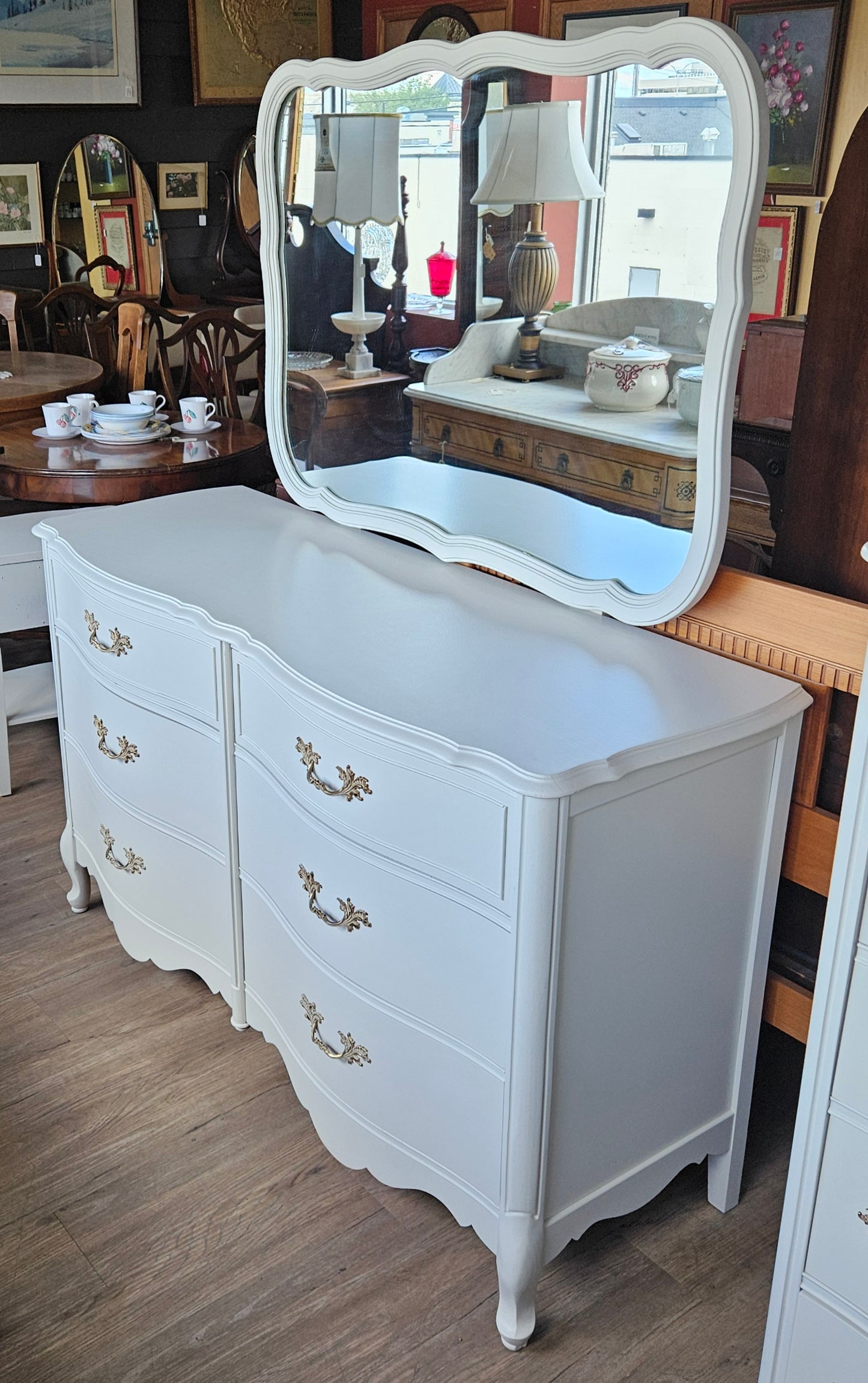 Long dresser with mirror, painted white