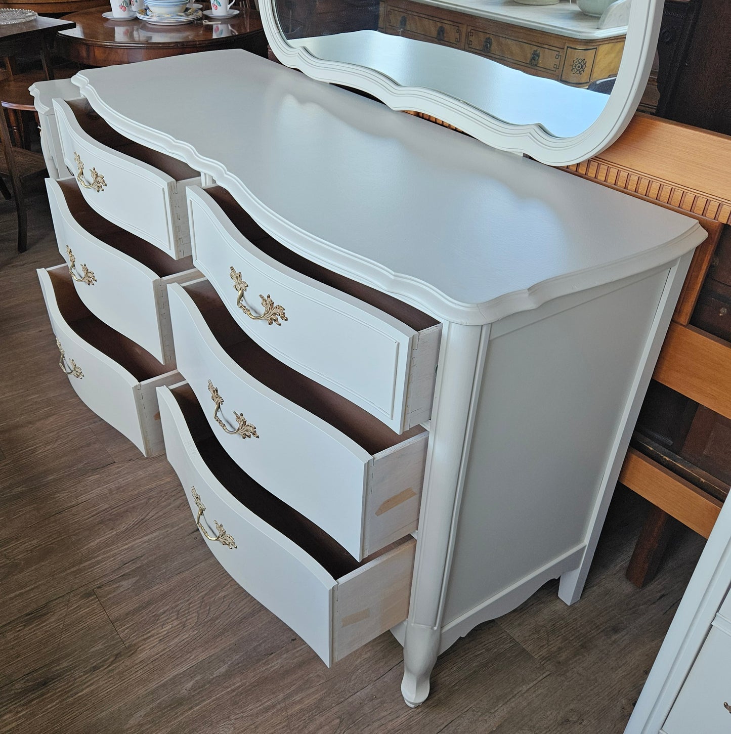 Long dresser with mirror, painted white