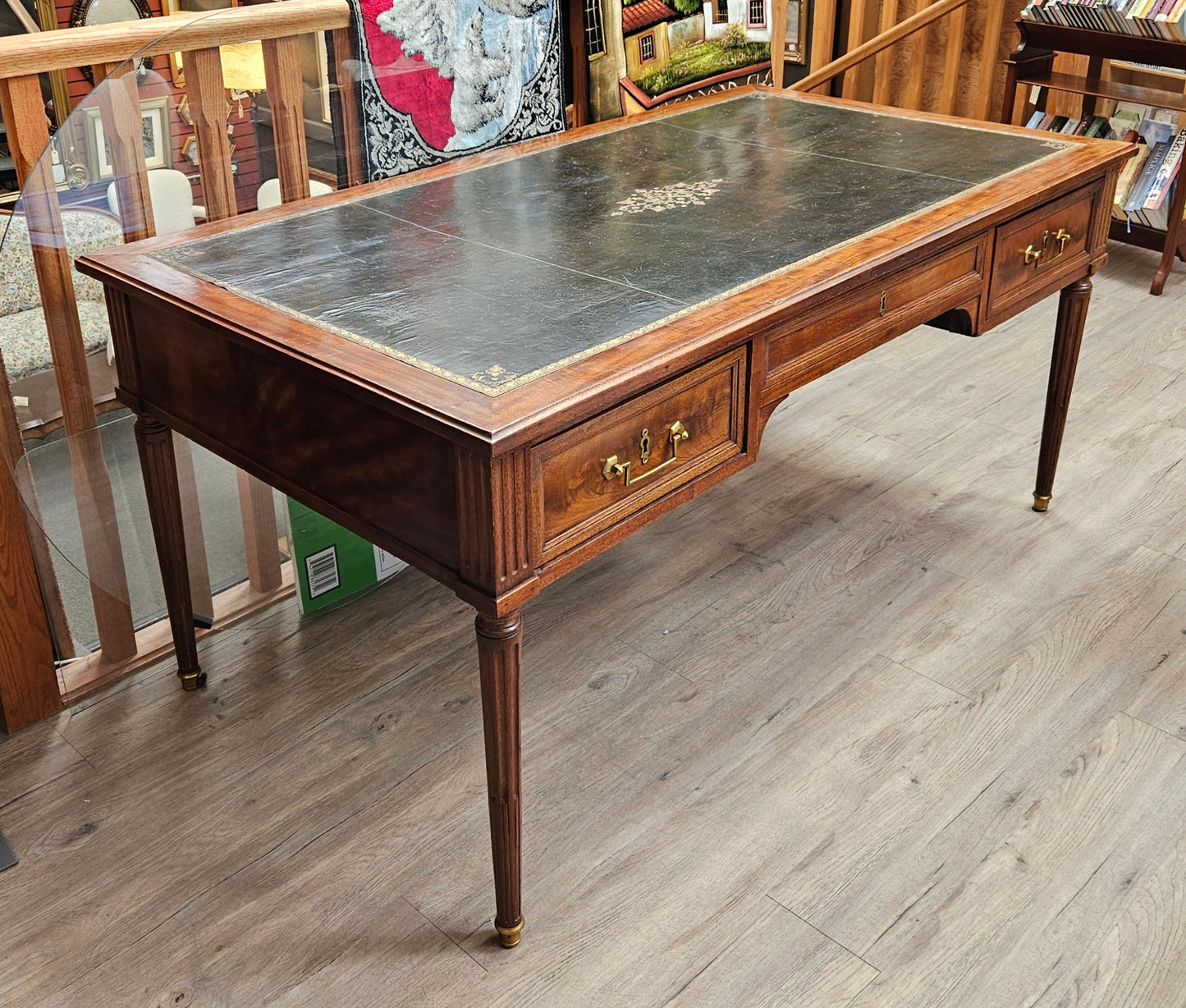Large desk with drawers , tooled leather top, Louis XVI style