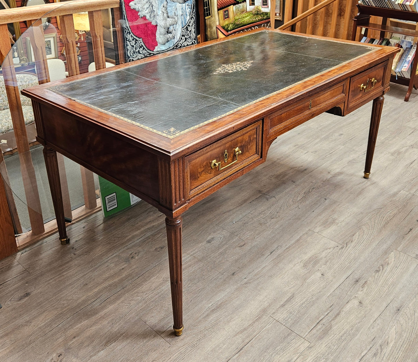 Large desk with drawers , tooled leather top, Louis XVI style