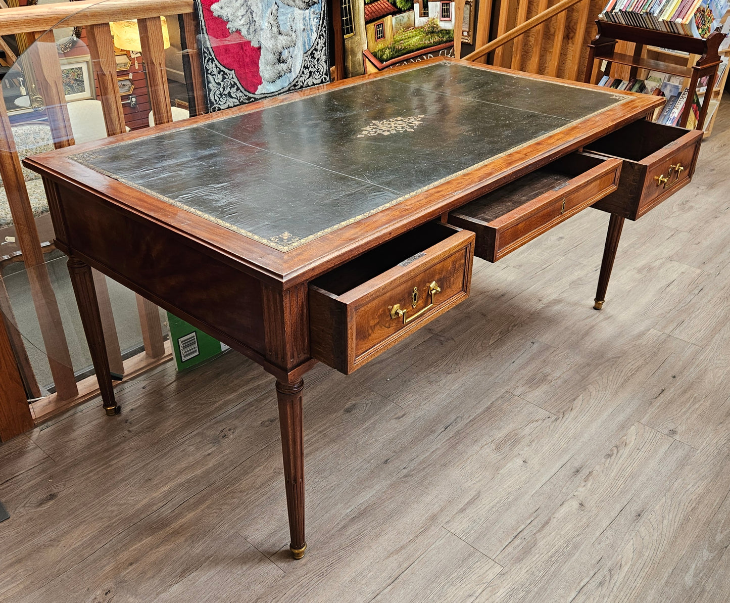 Large desk with drawers , tooled leather top, Louis XVI style