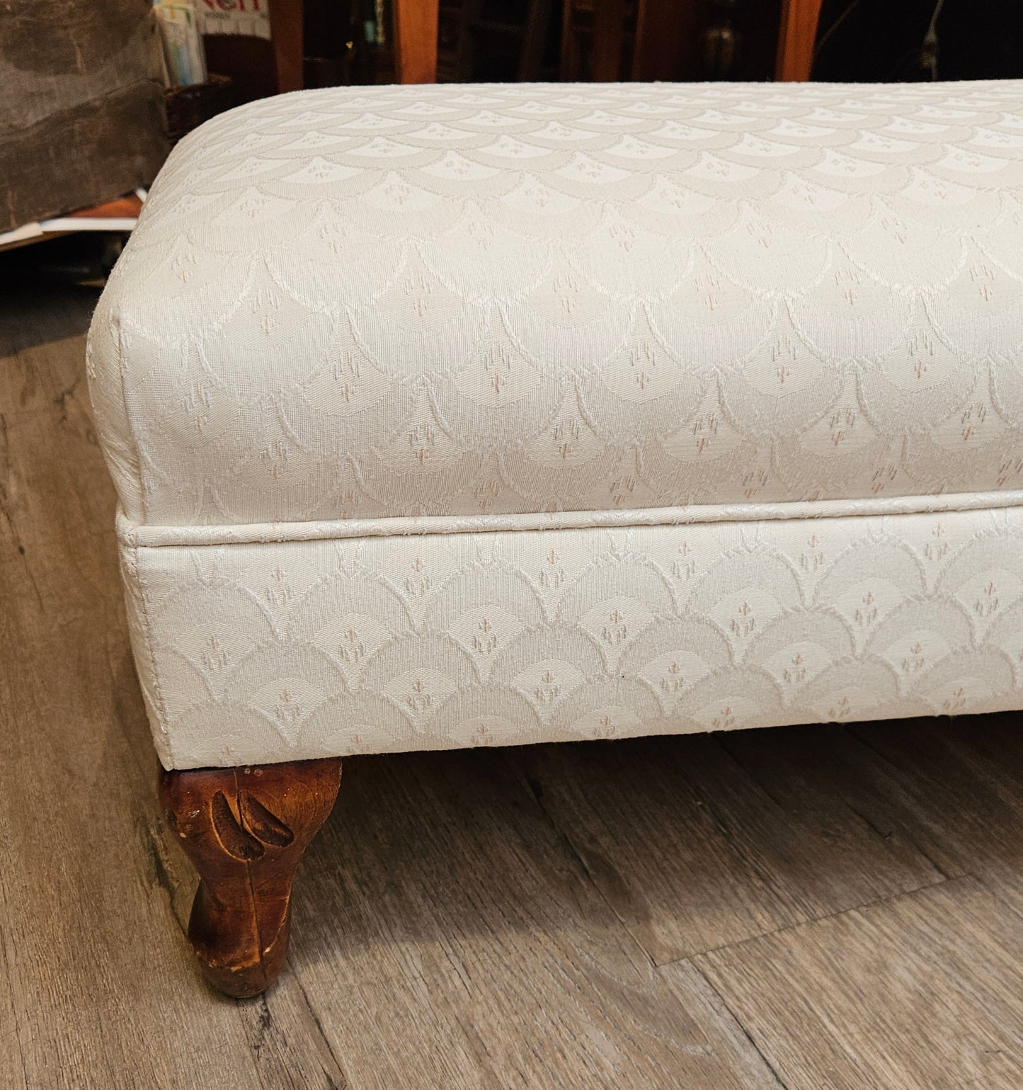 Antique fireside bench, white upholstery