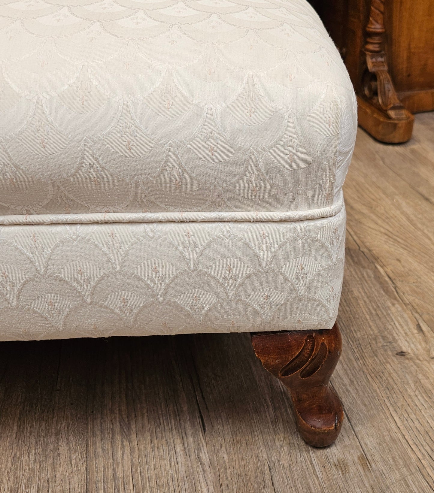 Antique fireside bench, white upholstery