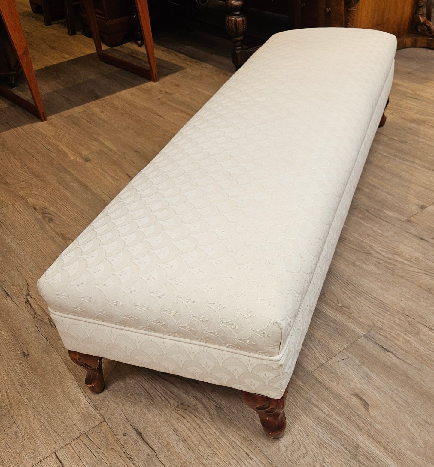 Antique fireside bench, white upholstery