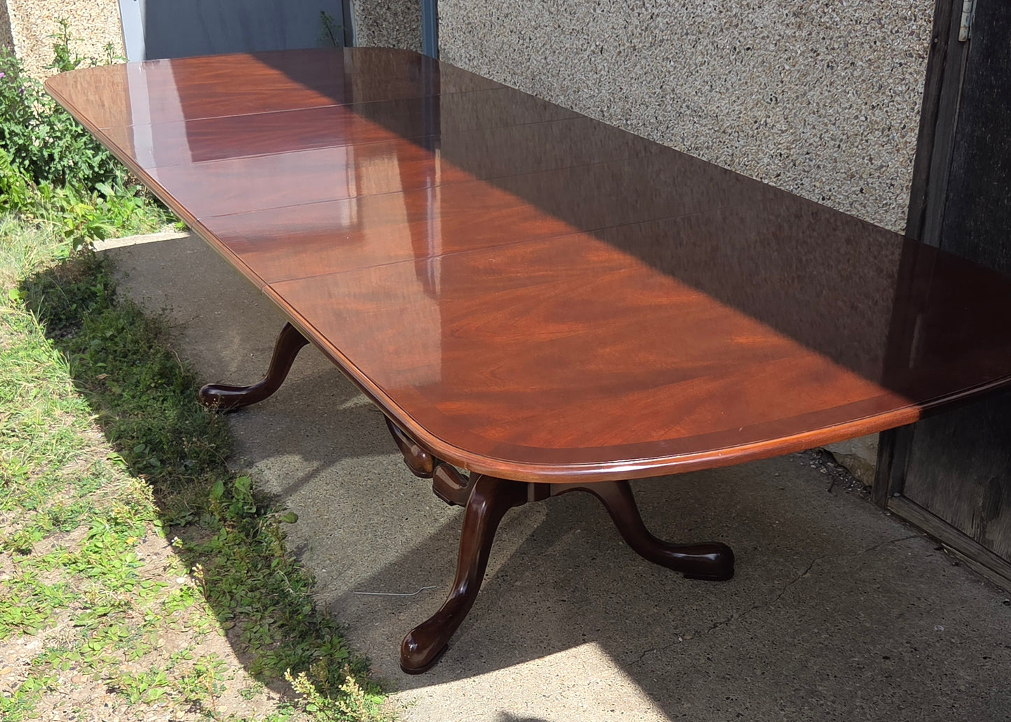 Strathroy dining table with 3 leaves, 8 chairs