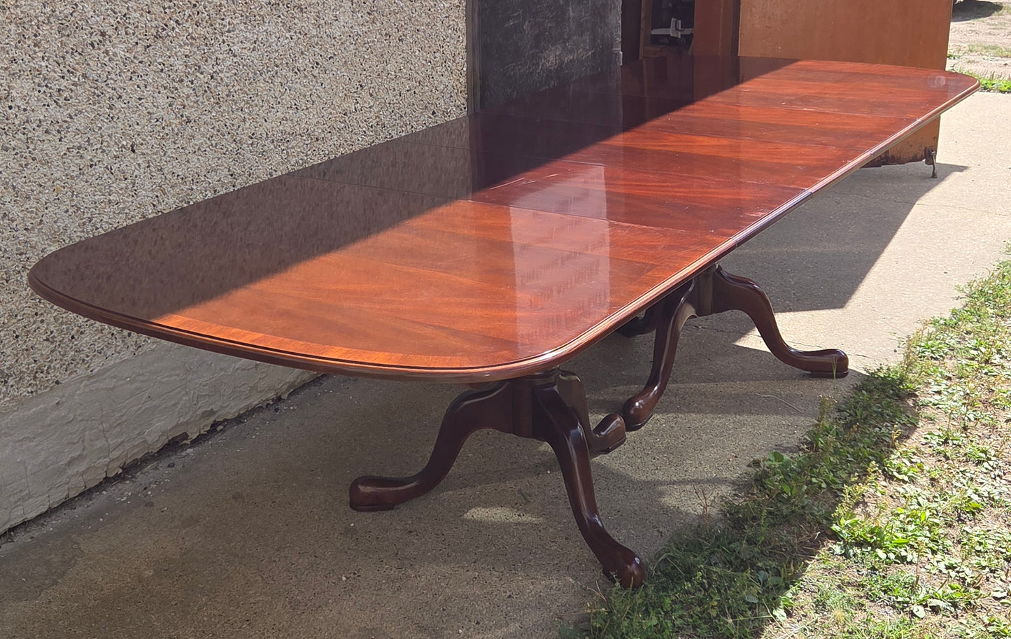 Strathroy dining table with 3 leaves, 8 chairs