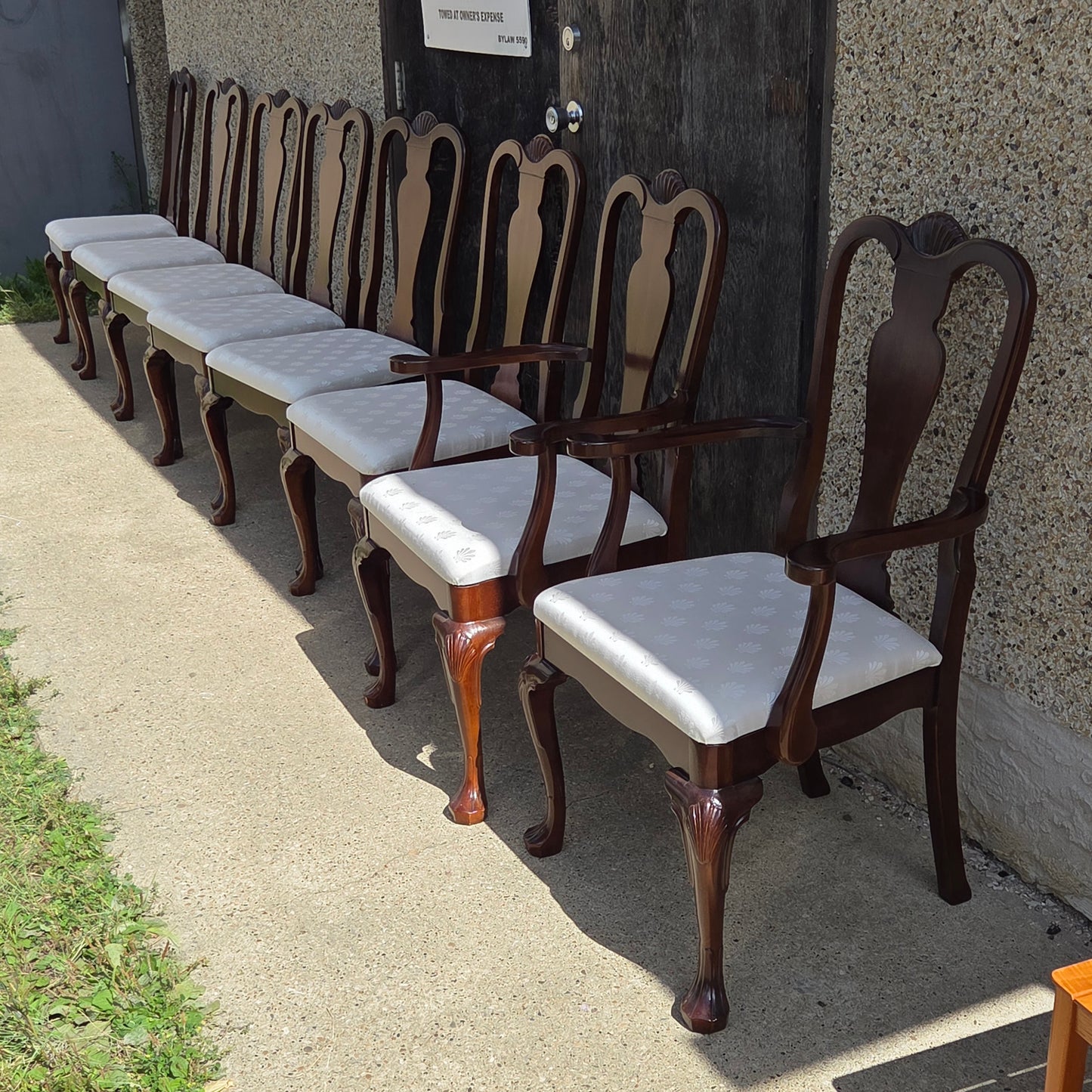 Strathroy dining table with 3 leaves, 8 chairs