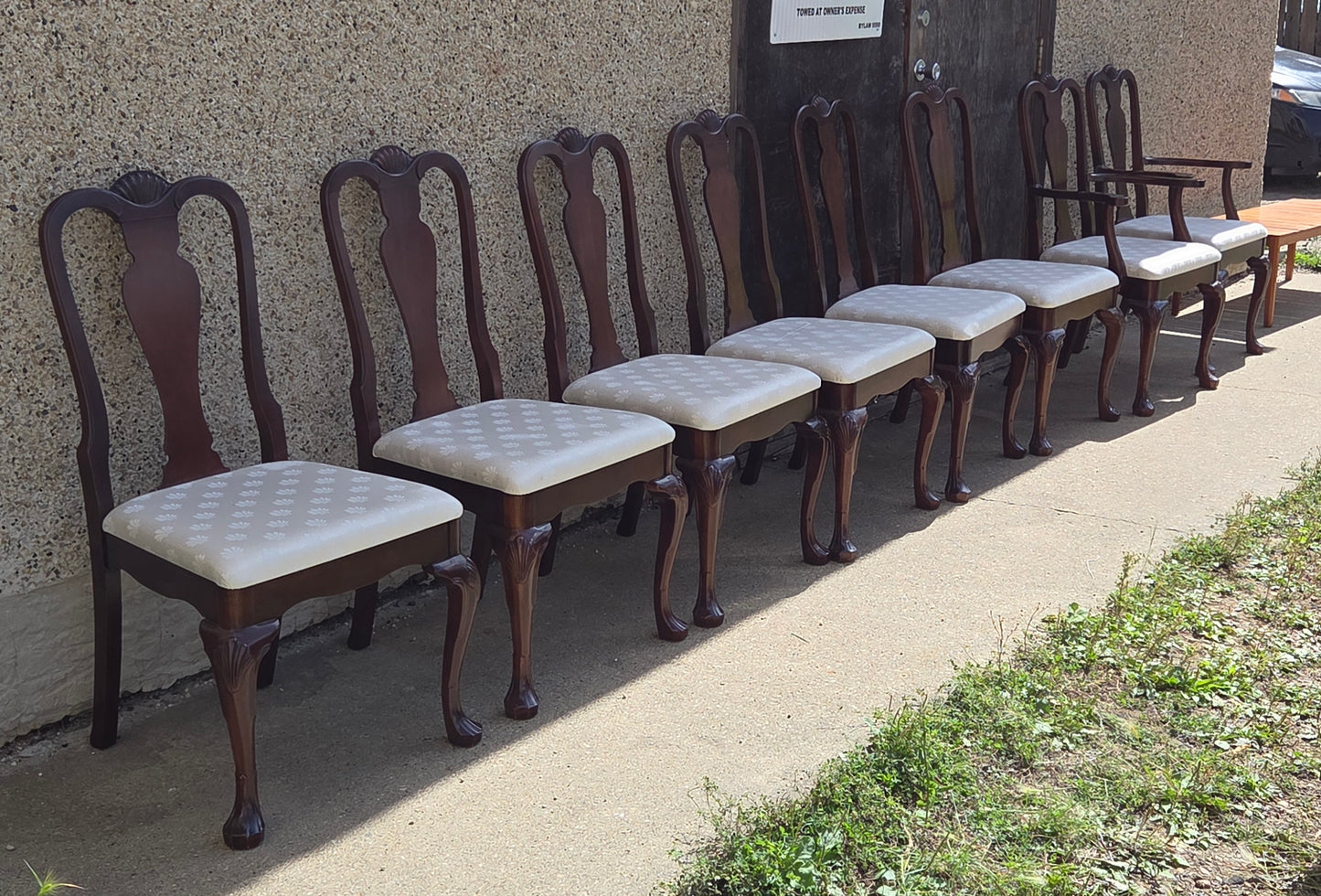 Strathroy dining table with 3 leaves, 8 chairs