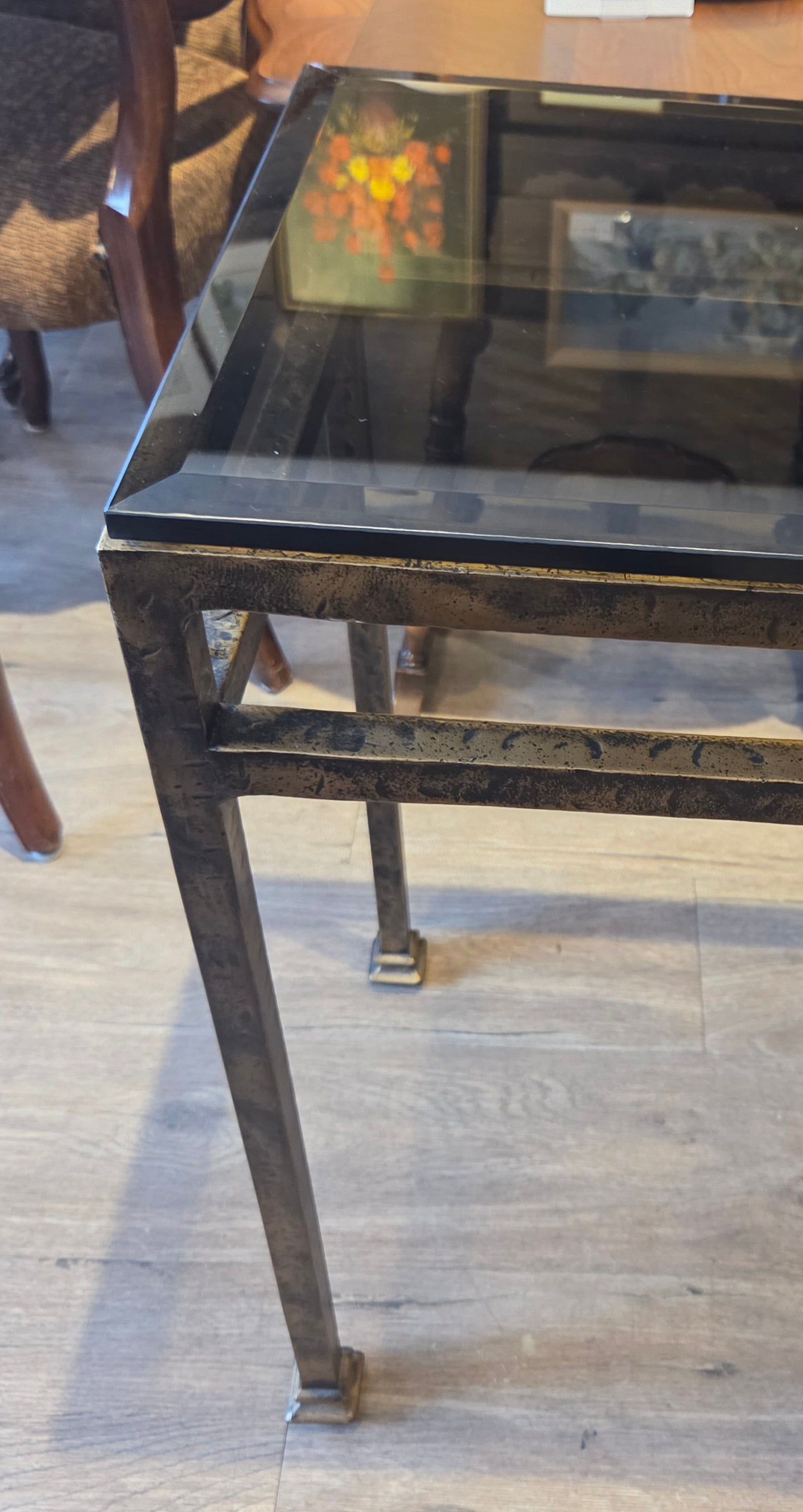 Sofa table, bronzed iron frame, bevelled glass top