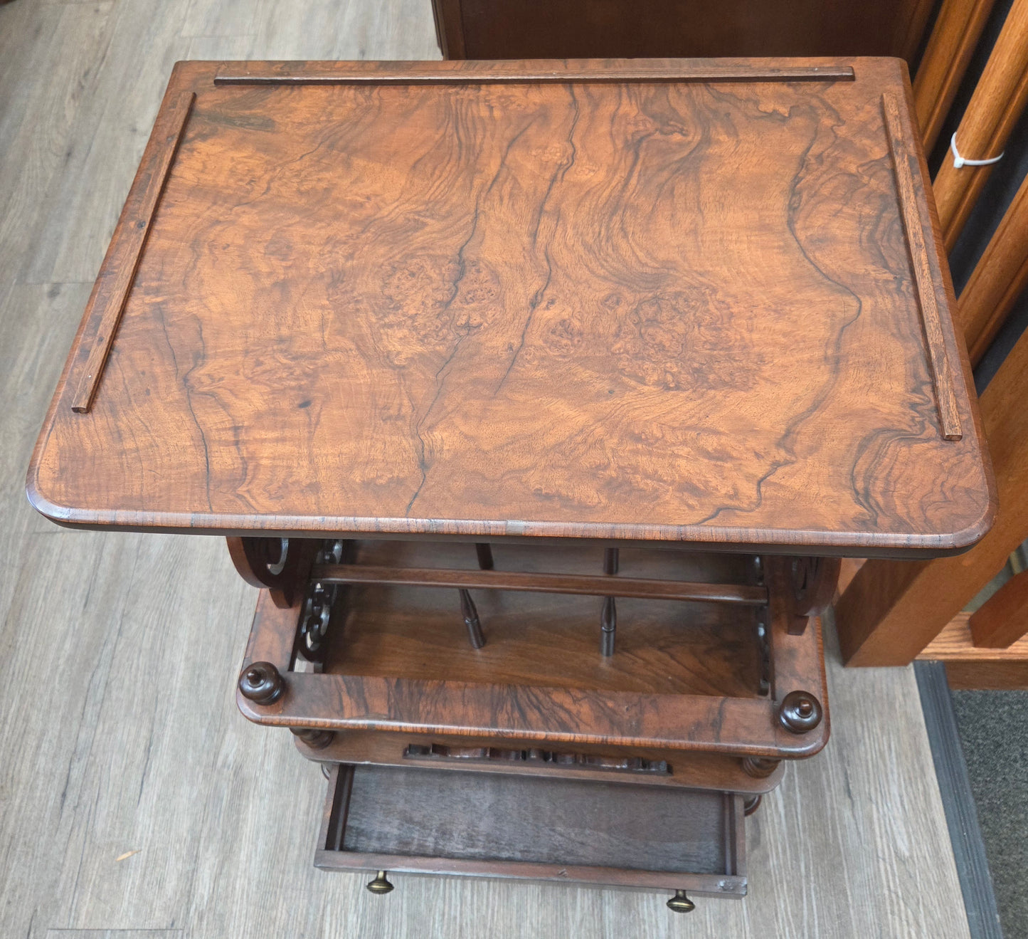 Victorian Canterbury stand, burled walnut