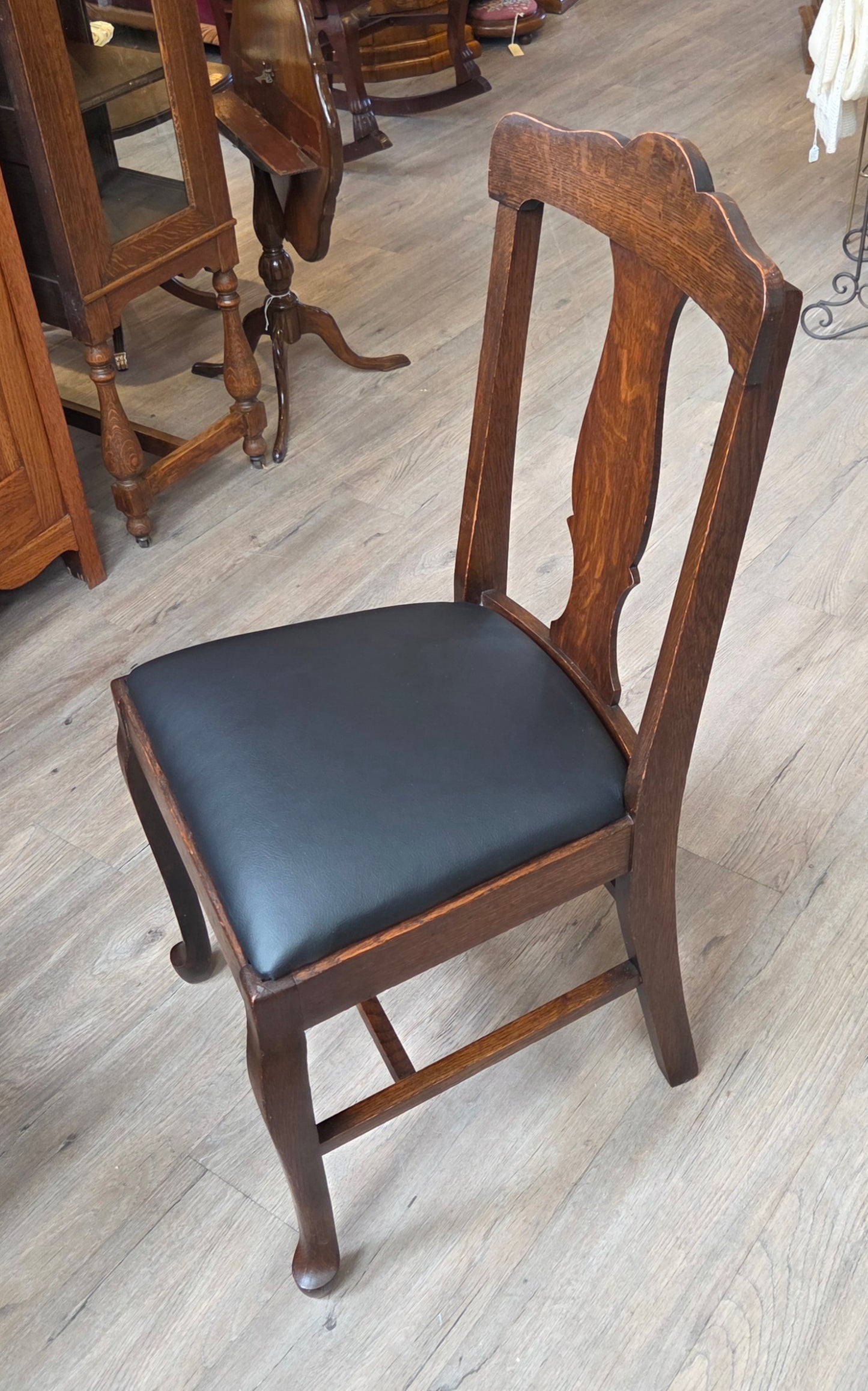 Set of 6 oak dining chairs, black leather seats