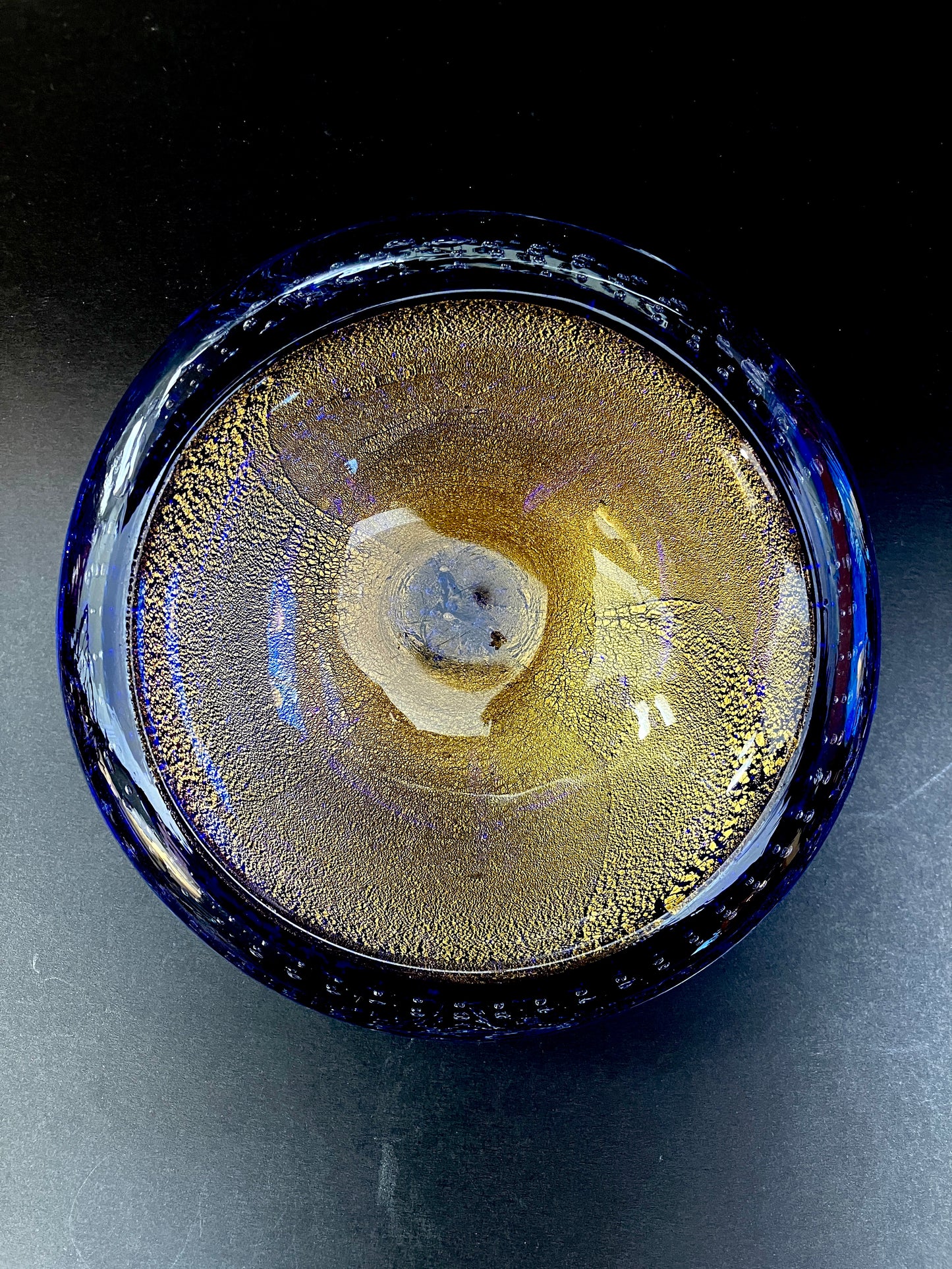Murano, Art Glass Bowl, Bullicante, Cased, Clear, Cobalt, Blue, Controlled Bubbles, Mid-Century, Archimede Seguso?, Flavio Poli?