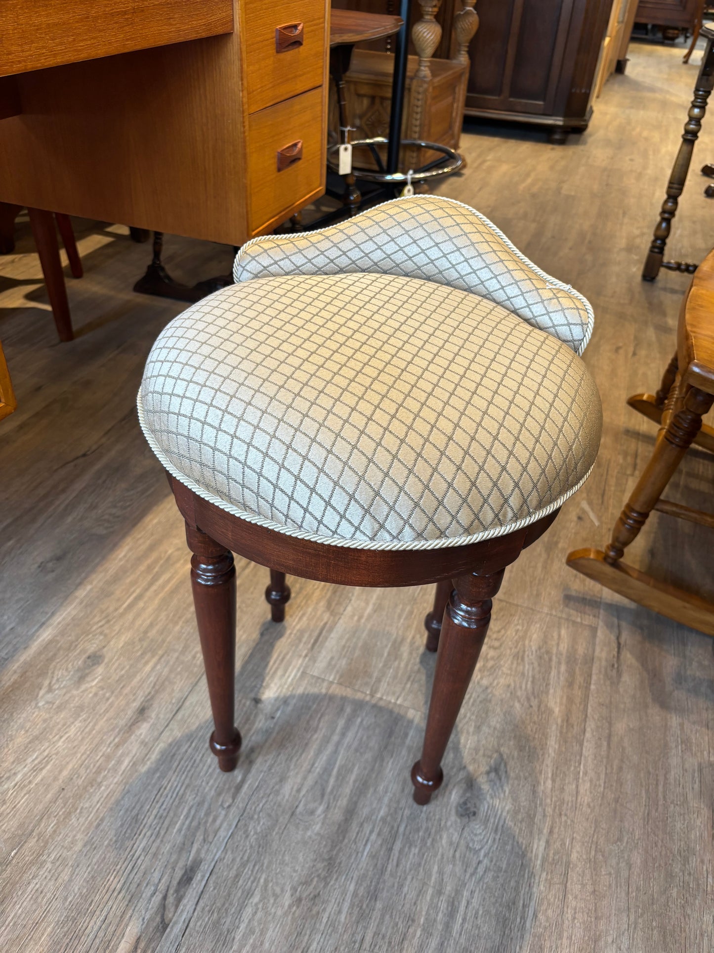 Vintage Upholstered SWIVEL Vanity Stool, Wood