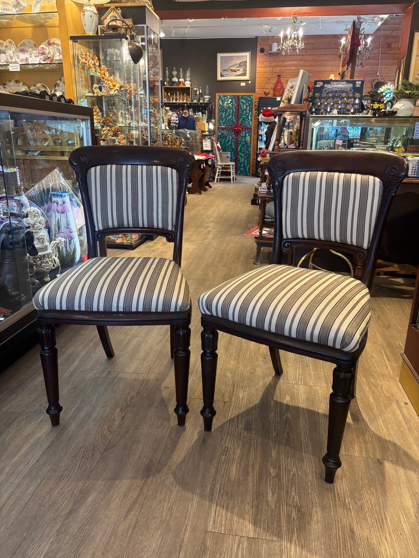 Pair of Mahogany Wood Upholstered Regency Chairs with Arms
