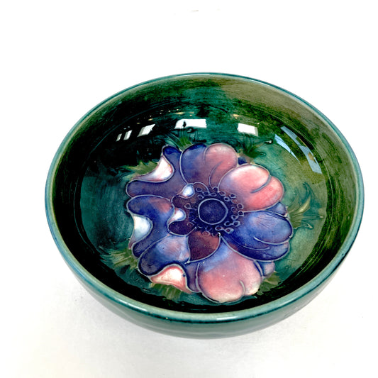 Moorcroft, Small Bowl, Trinket Bowl, Anemone, Blue, Pink Blossoms, on Dark Green Background, Vintage, ~1940s
