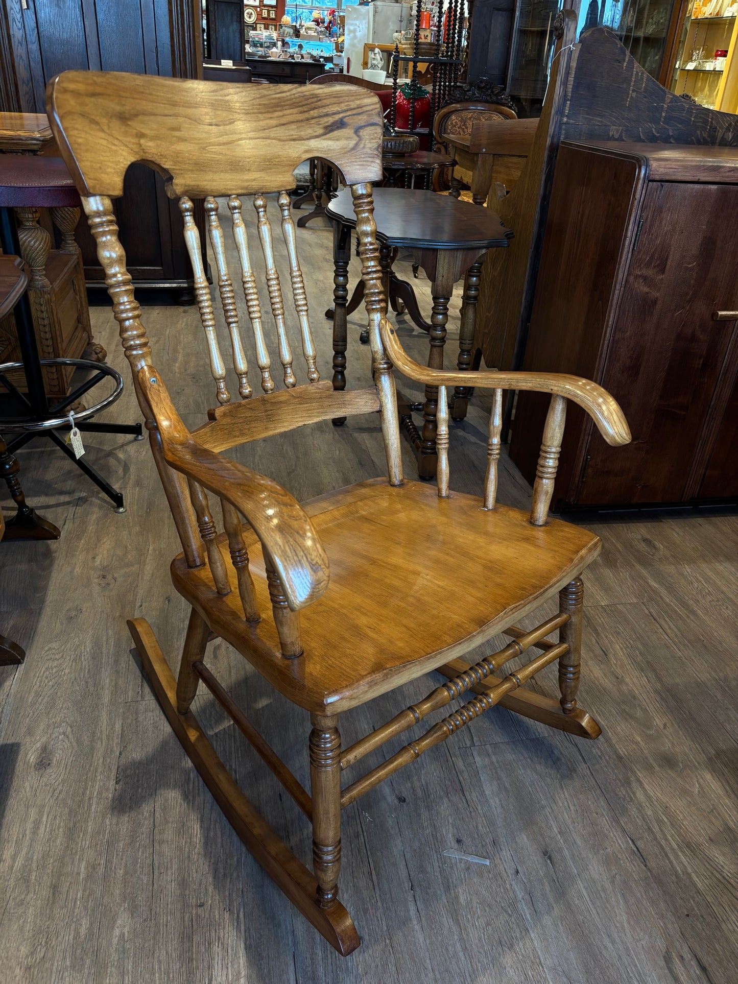 Wood Rocking Chair, Oak, Vintage, Spindle Back and Sides