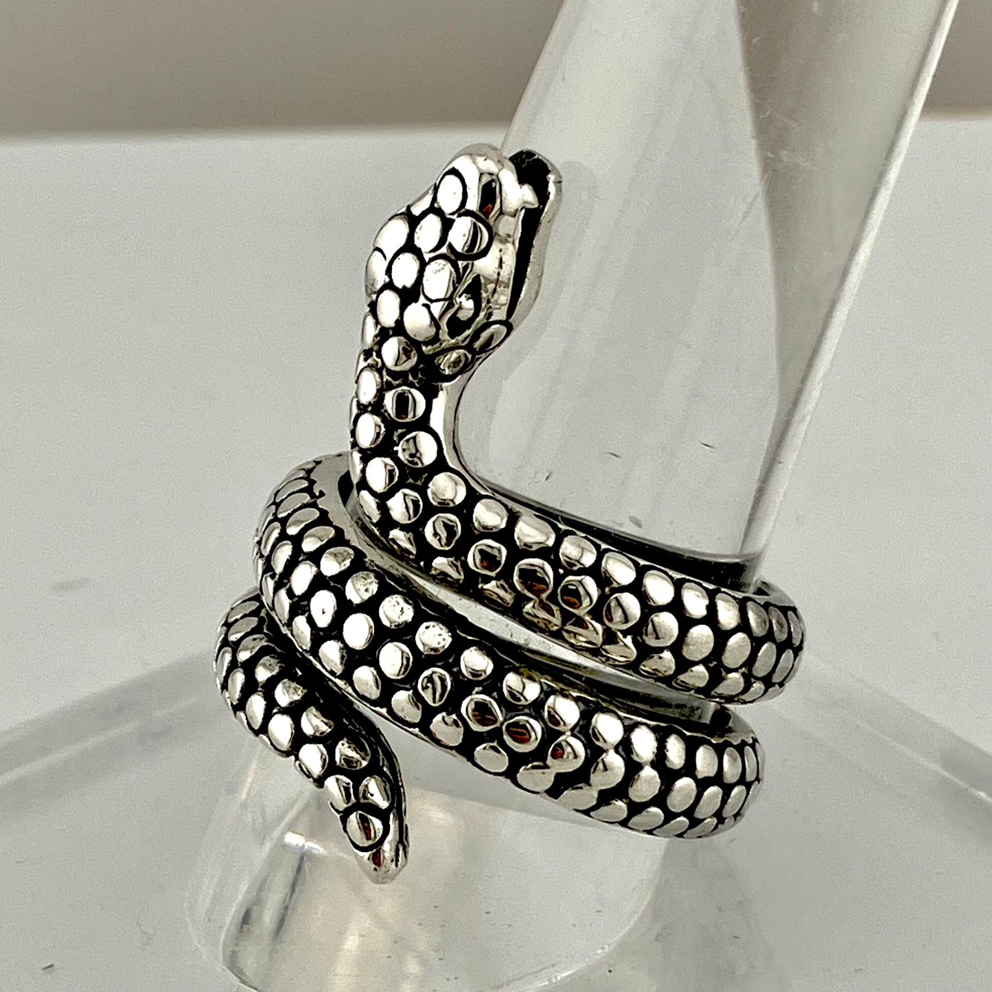 Sterling Silver Scaled and Coiled Mouth Open Snake Ring