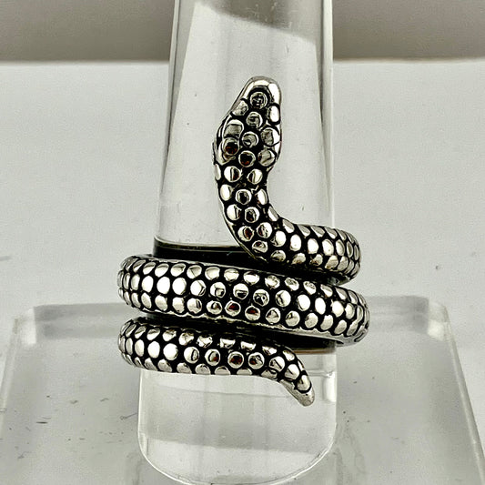 Sterling Silver Scaled and Coiled Mouth Open Snake Ring