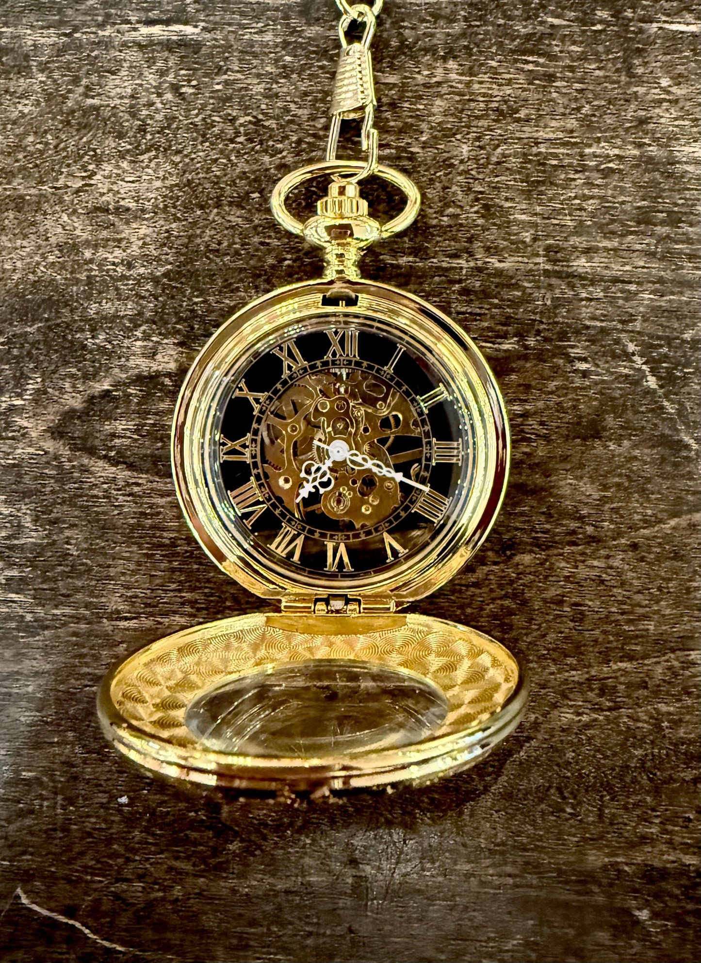 Winding Pocket Watch Non-Vintage Embossed Gold Coloured with Hinged Cover with Embossed Border