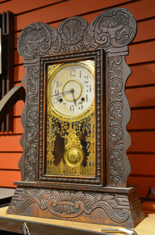 Antique, Pressed Wood, Gingerbread Clock, Clock, ~1900