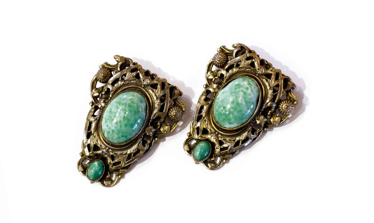 Antique, Dress Clips, Triangular, Oval Bezel, Green, Metal, brass