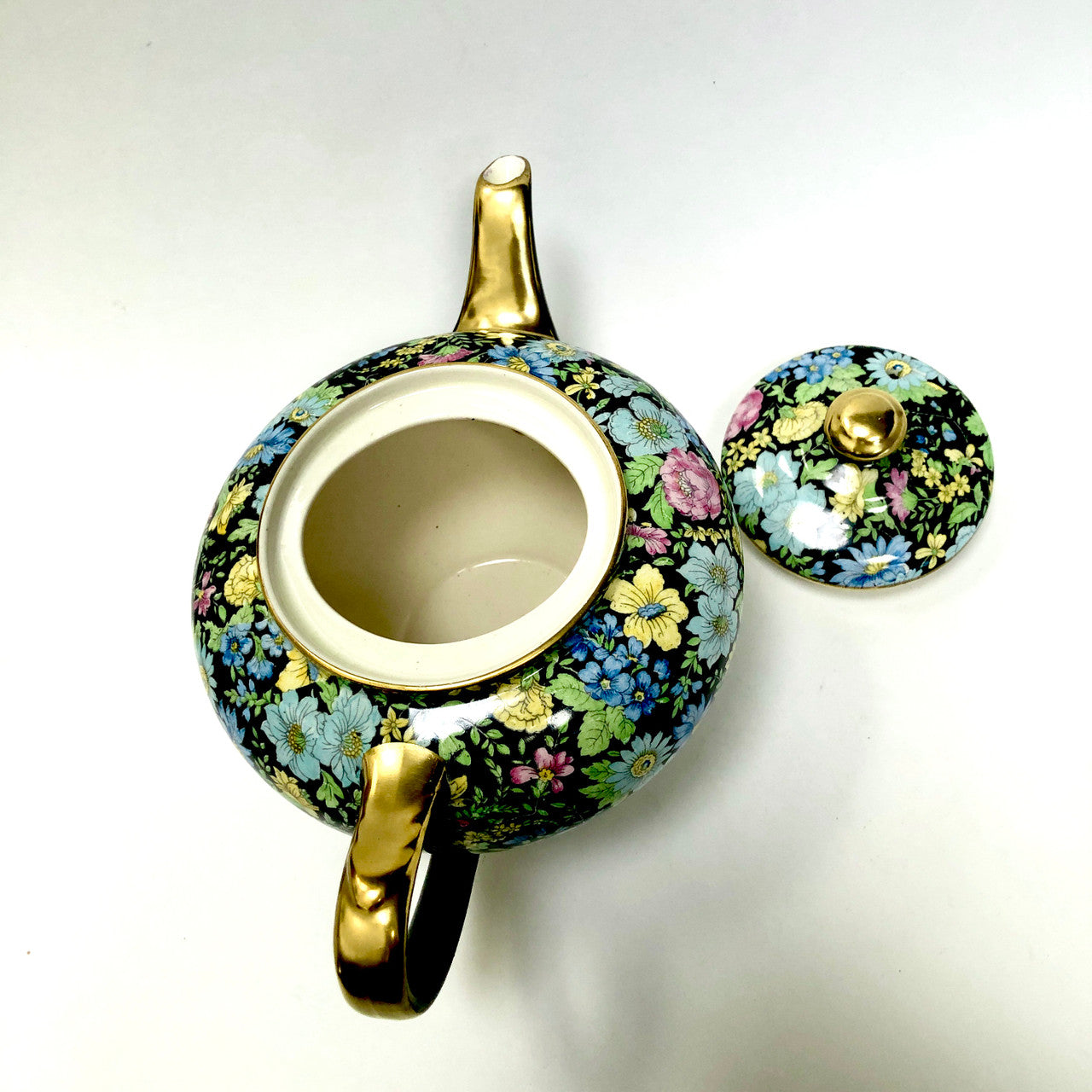 Teapot, Tea Pot, Empire Ware, Marguerite, Chintz, Black, Floral, Antique, Vintage, Gold Trimmed