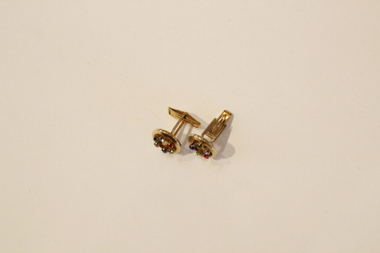 Multi Coloured Rhinestone Gold Plated Round Cuff Links, Vintage