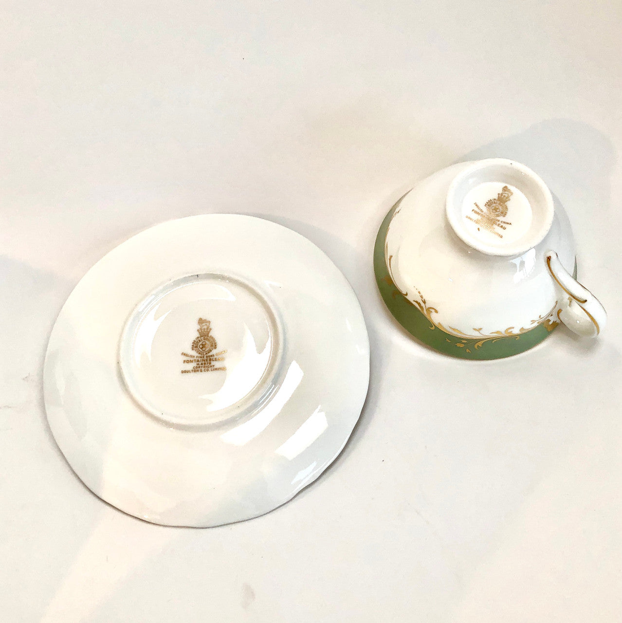 Royal Doulton, Fontainbleu, H 4987, Vintage, England, Green, Grey, Gold, Tea Cup, Cup, Saucer, Cup and Saucer, Fine, bone, China, Steampunk