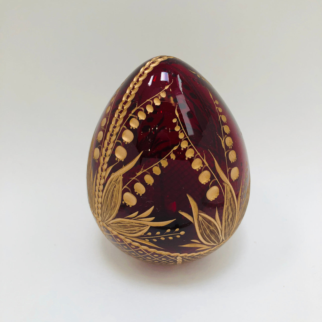 Russian, Faberge Style, Egg, Red, Cranberry, Glass, Engraved, Gold, Egg