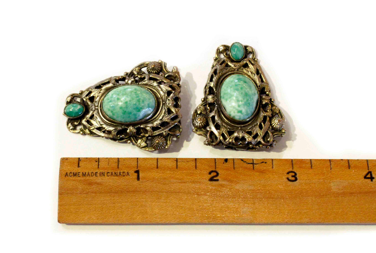 Antique, Dress Clips, Triangular, Oval Bezel, Green, Metal, brass