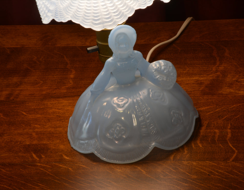 Vintage, Blue, Glass, Figural, Figurine, Table Lamp, Apex, Lady with Umbrella