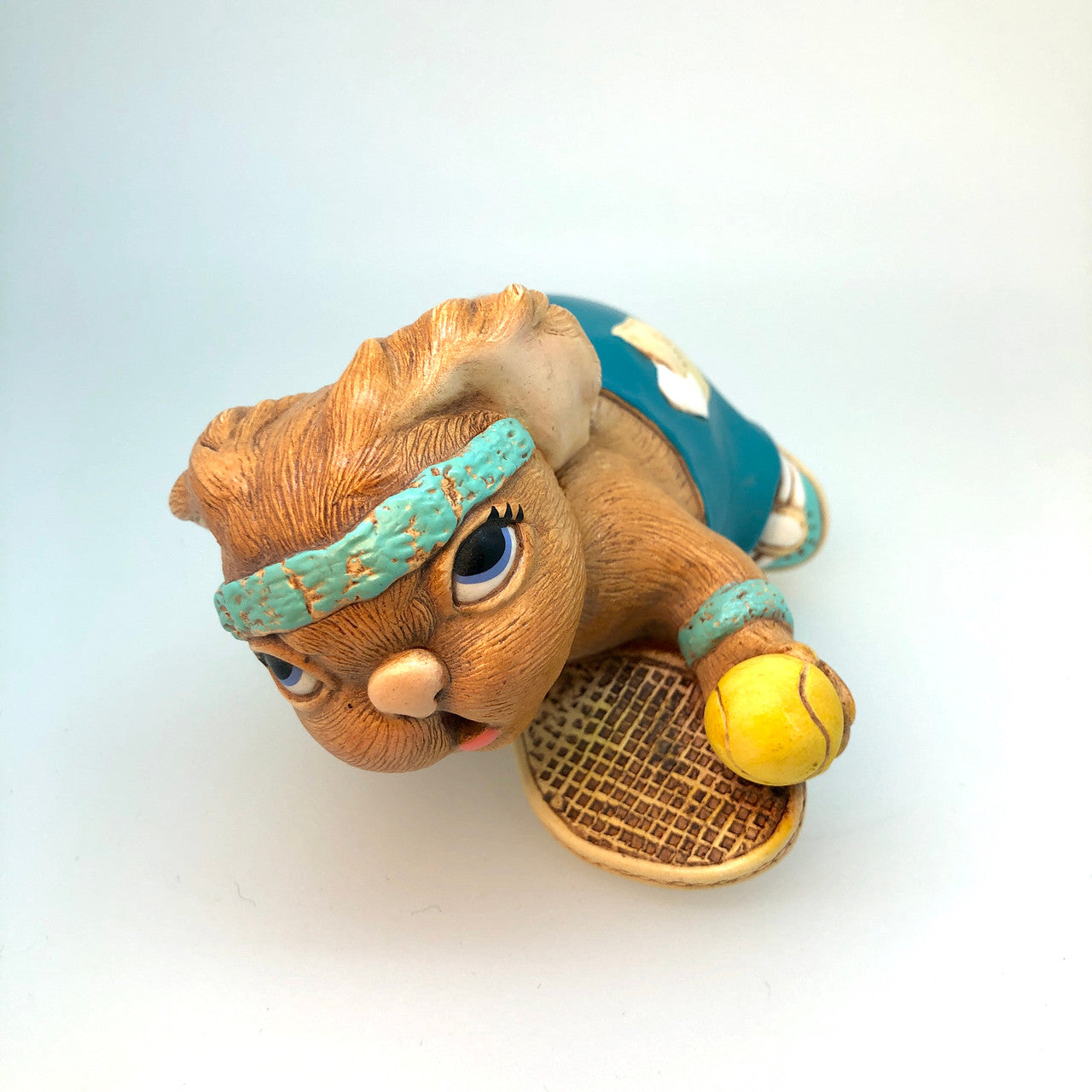 Pendelfin, Figurine, Tennyson, Dark Green, (RARE), Turquoise, Tennis Racquet, Serve, , Rabbit, Bunny, Ceramic, Stonecraft, Jean Walmsely Heap, Figurine, Vintage, Burnley, England