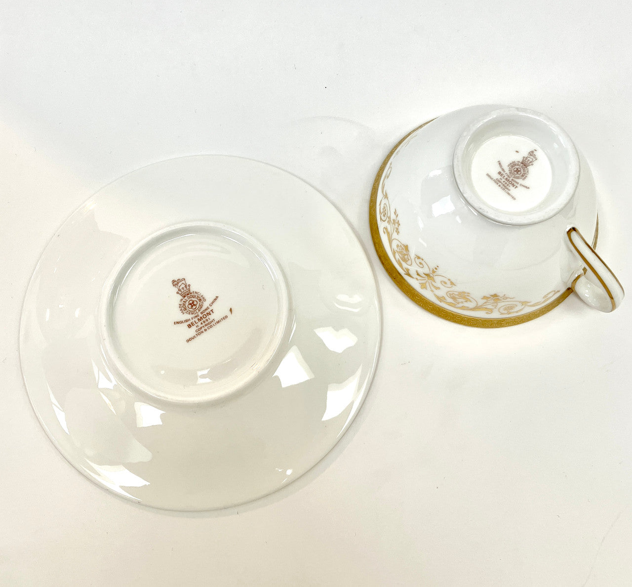 Royal Doulton, Belmont, H. 4991, SET, Tea Cup, Teacup, Cup and Saucer, Fine Bone China, Vintage, England, White, Gold